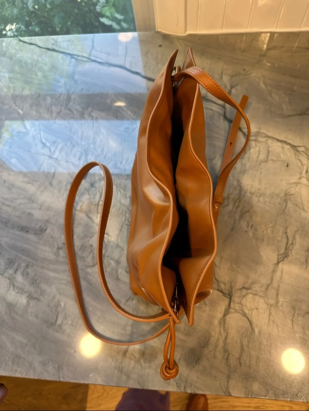 Quince Italian Leather Drawstring Pouch Crossbody Bag in Cognac - Picture 9 of 16